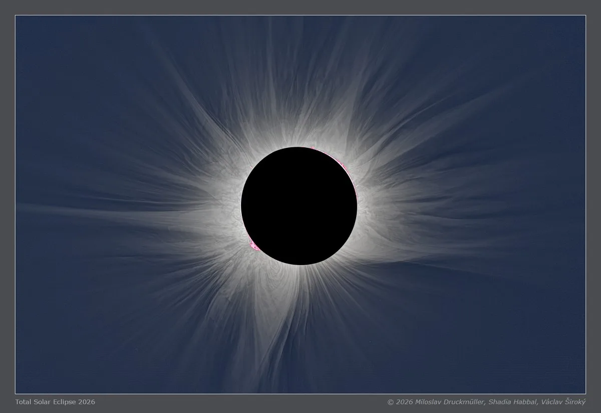 close up view of a total solar eclipse showing large white streamers streaking out from the sun, this is the sun's corona.