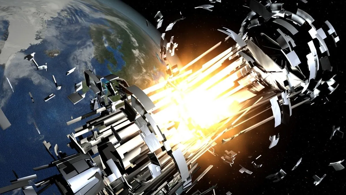 Artist's illustration of a satellite breaking apart in earth orbit