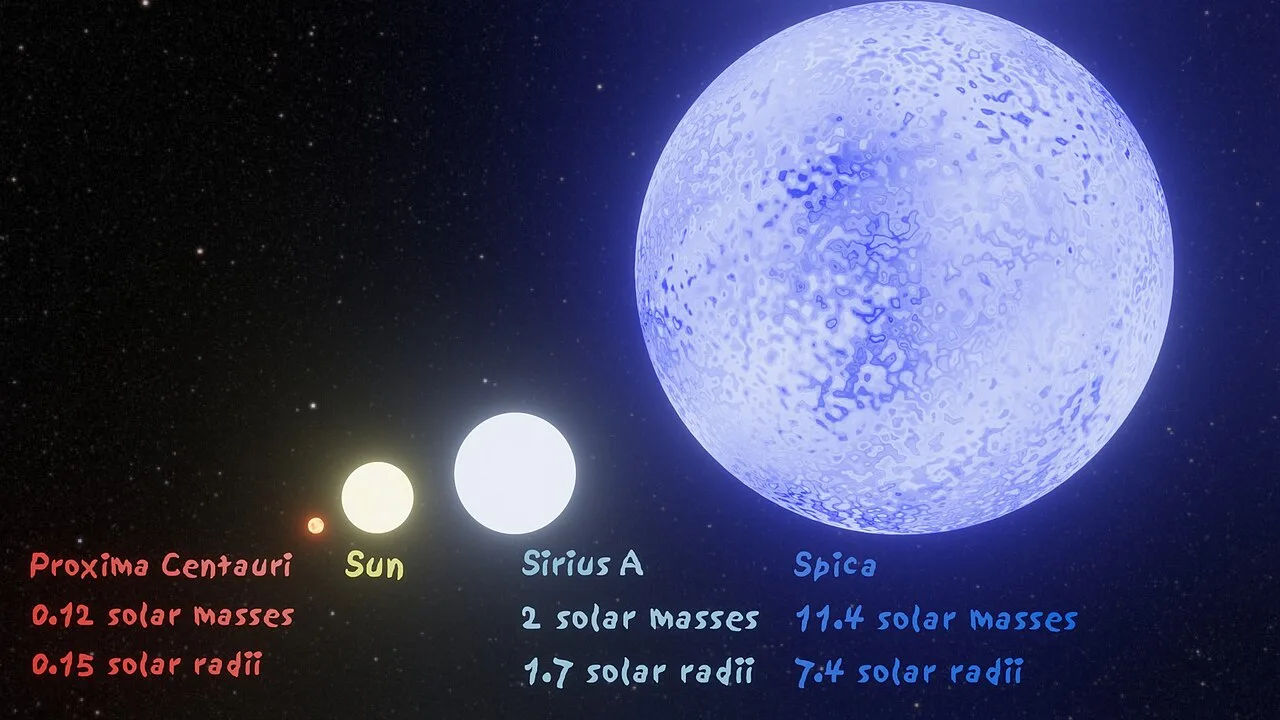 Size comparison of main sequence stars and Spica, including Proxima Centauri, the Sun, and Sirius