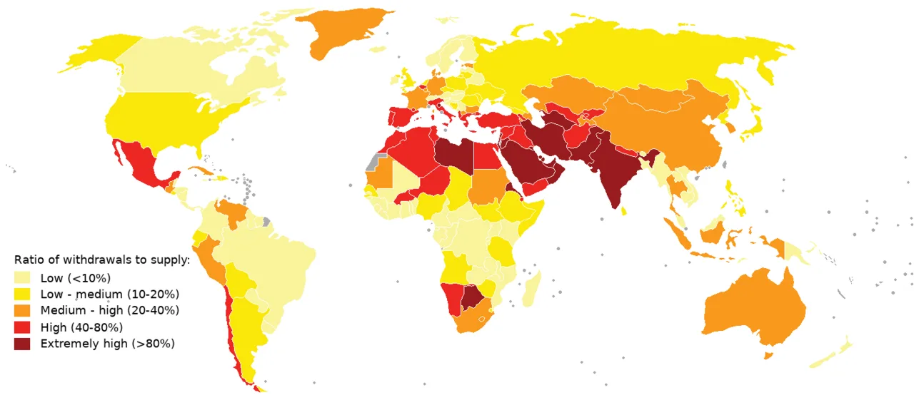 Map of global water stress (a symptom of water scarcity) in 2019. Water stress is the ratio of water use relative to water availability and is therefore a demand-driven scarcity.[1]